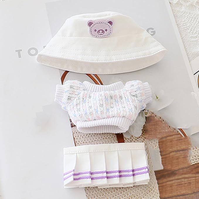 Clothes for 17cm Dolls Sweater Clothes Accessories(No Doll Only Clothes), Stylish Outfit Suitable for 6.69inch (17cm) Doll Soft Clothing Replacement(PurpleA+hat+Dress)