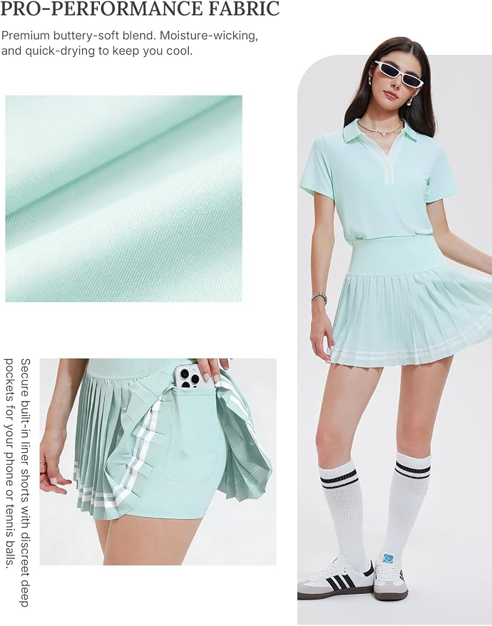 Women 2 Piece Tennis Skirt Set Pleated Golf Outfit, Polo V-Neck Athletic Dress Alternative Skort Set for Pickleball Pockets