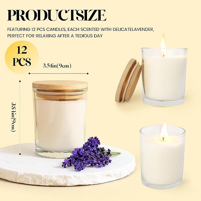 12 PCS 6oz Lavender Scented Candles Set, Pure Soy Wax Aromatherapy Candles | Relaxing Home Fragrance, Bulk Gift Box for Wedding, Party Favors, Spa & Decor.
