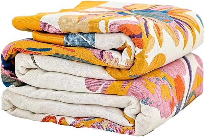 XIBLC Boho Throw Blanket, 100% Cotton Ultra Soft Luxury Throw Rustic Quilt, 80"x90" Floral Bird Butterfly Farmhouse Decor Bed Blankets, All Season Rustic Reversible Bohemian Throw for Bed - Yellow
