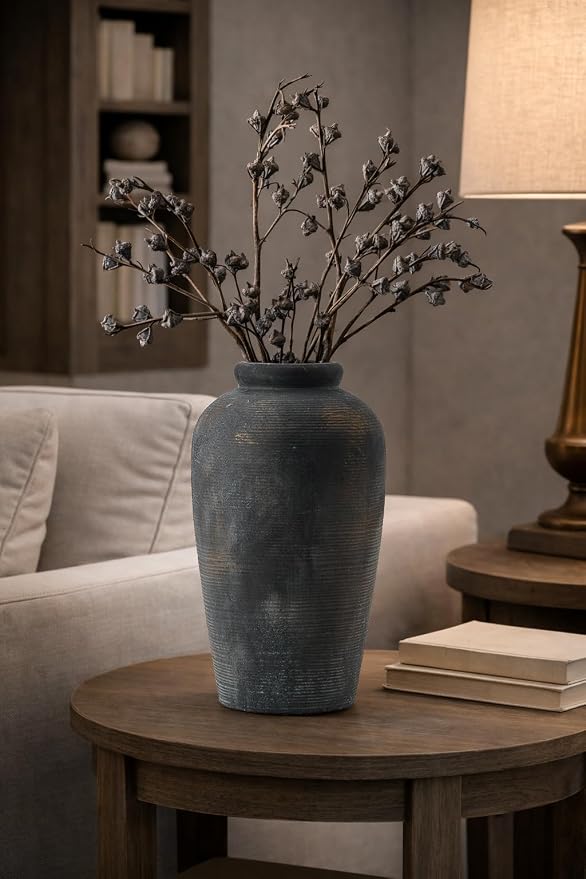 Vaseking Large Ceramic Rustic Vase, 11 inch Minimalist Decorative Farmhouse Tall Vase for Home Decor, Living Room, Shelf Decor, Enterway, Wedding, Table Decoration, Bronze