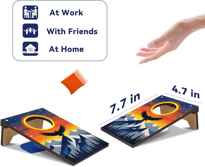 2PCS Mini Tabletop Cornhole Boards, 4.7" W x 7.7" L Wooden Desktop Toss Game with 8 Bean Bags, Portable Game Set for Travel Home