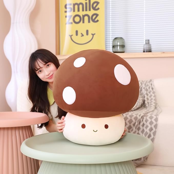 Cute 3D Soft Mushroom Plushie, Brown Mushroom Hugging Plush Pillow Gift for Girls Kids Home Decor Christmas Birthday