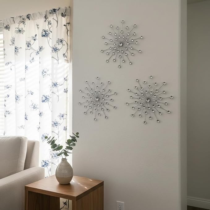 ZEXUIRU 3 Set Silver Starburst Wall Art for Home Decor Metal Bling Crystal Rhinestones Sunburst Wall Decor Sparkling Rhinestone Art Accent Silver - 13in