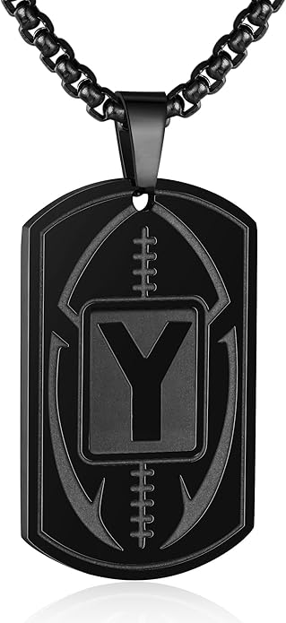 Initial A-Z Dog Tag Necklace for Men - Football Charm Pendant, Stainless Steel Chain 22+2 Inches, Personalized Sports Athletes Jewelry Gift