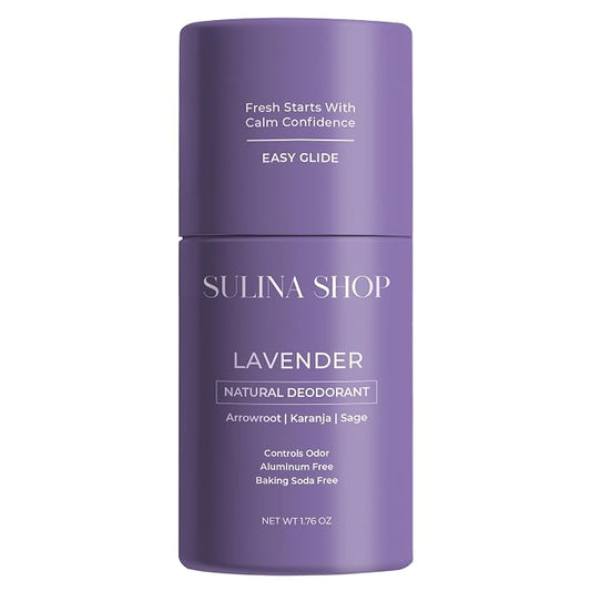 Sulina Shop Natural Deodorant, Aluminum Free, Lavender | Soothing lavender scent, Sensitive skin-friendly, Baking soda-free, Plant-based ingredients.