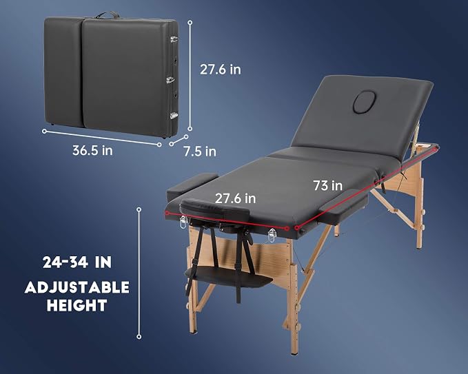 BestMassage Massage Bed Portable Massage Table 28 inch Wide Lash Bed Height Adjustable 3 Folding Spa Table with Towel Hanger Oil Pouch Half Bolster Round Bolster Non-Woven Backpack