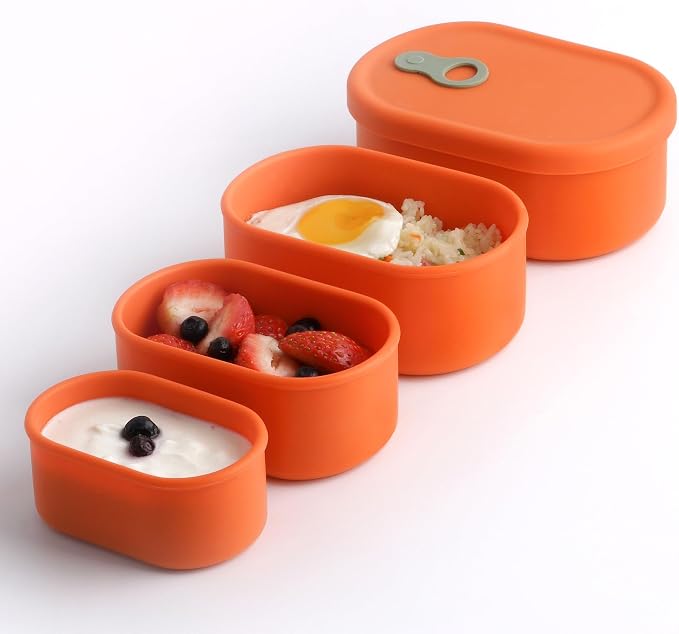 Korean Silicone Food Container with Steam Vent, Mandarin Orange 4pc | Microwave & Freezer Safe, Leakproof, Airtight, Dishwasher Safe, BPA Free