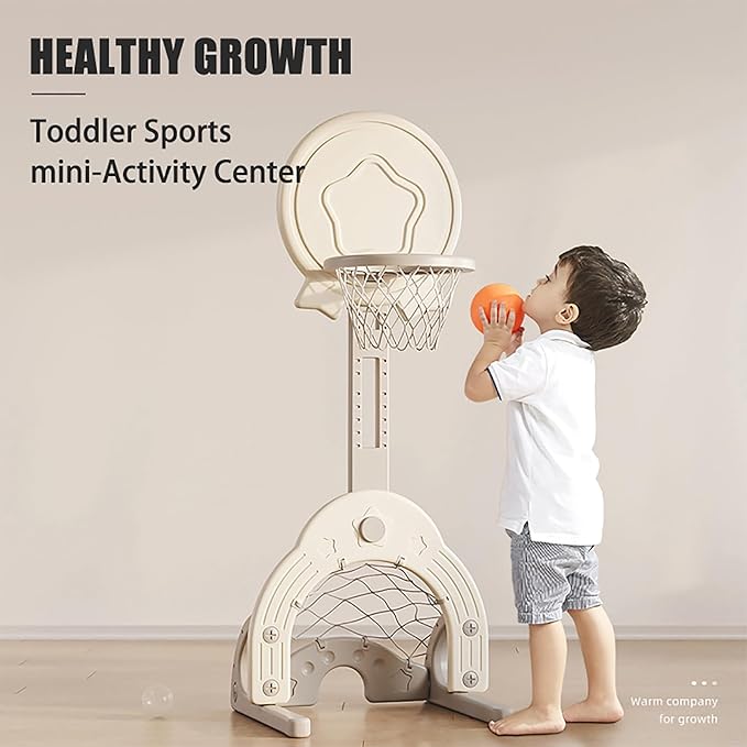 Toddler Basketball Hoop Set with 3 Balls, Adjustable Basketball Hoop Set Indoor Outdoor for Kids, Toddler Sports Activity Center, Portable Basketball Soccer Golf Game Set, Birthday Gift Grey
