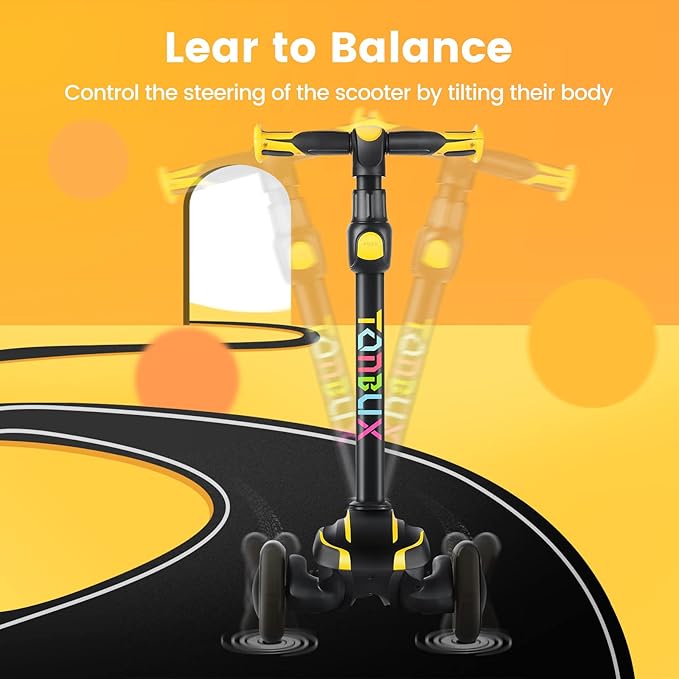 TONBUX Kids Scooter for Age 3-12, Toddler Scooter with 4 Adjustable Heights, Light Up 3-Wheels Scooter, Shock Absorption Design, Lean to Steer, Balance Training Scooter for Kids