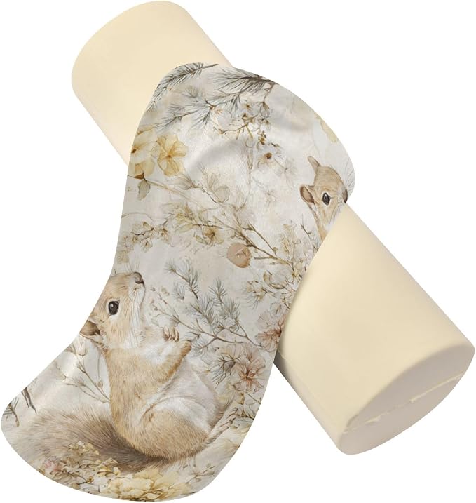 Beige Squirrels Mushrooms Flowers Plants Neck Roll Pillow Bolster Round Health Memory Foam Long Cervical Cylinder Pillows with Removable Washable Cover for Body Bed Legs Back Yoga