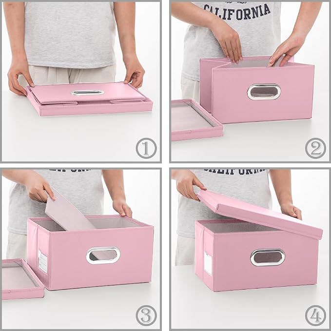 Collapsible Storage Box with Lid [1-Pack] Leather Fabric Foldable Storage Bin Organizer Container Basket Cube with Cover for Home Bedroom Closet Office Nursery Pink (13.6x9.6x6.9)