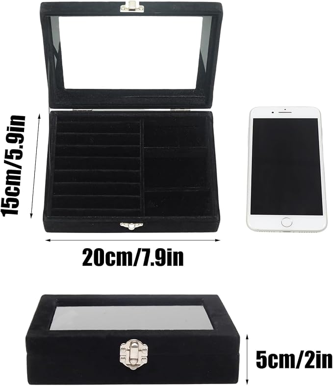 Small Velvet Jewelry Tray with Clear Lid, 2-in-1 Black | Lockable Ring Earring Holder Organizer Storage Box Case Jewelry Box Organizer for Rings Earrings Bracelets Brooches