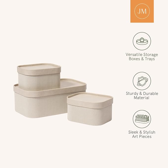 LA JOLIE MUSE Decorative Storage Boxes with Lids Faux Leather, Grey 3 Pack | Vegan Leather Lids, Fluted Cardboard Storage Basket, Organizer for Jewelry, Shelves, Bedroom & Closet Storage Memory Box