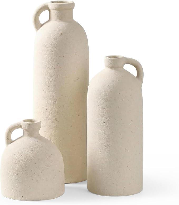 Flower Vase Set of 3, Ceramic Home Decor for Living Room - Modern Rustic Farmhouse Centerpiece for Table, Shelf & Bedroom - Decorative Vases for Office, Bathroom, Dining Desk