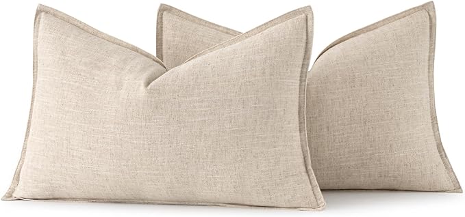 MIULEE Decorative Linen Lumbar Pillow Covers 12x24 Inch Natural Beige | Boho Farmhouse Neutral Couch Throw Pillows for Bed, Pack of 2 Accent Modern Pillowcases, Sofa Livingroom Home Decor