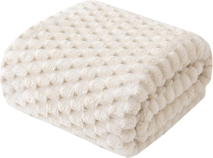 Cream Fleece Throw Blanket 50”×60” for Couch Sofa Bed | Super Soft Cozy Plush Microfiber Flannel Blanket with 3D Jacquard Decorative Lightweight for Mom Woman