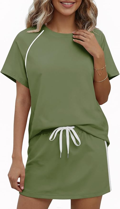 Womens 2 Piece Skirt Sets Summer Tennis Outfits Vacation Skort Set | Two Piece Sets, Short Set, Athletic Workout Golf Outfits, Crew Neck, Color Block, Drawstring, Workout Mathcing Lounge Sets