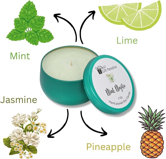 Mint Mojito Scented Soy Wax Candle – 7 oz Fresh Lime & Mint Fragrance, Hand Poured Metal Tin with Cotton Wick, Clean Burn Aromatherapy Candle for Kitchen, Home, Spring & Summer Gifts