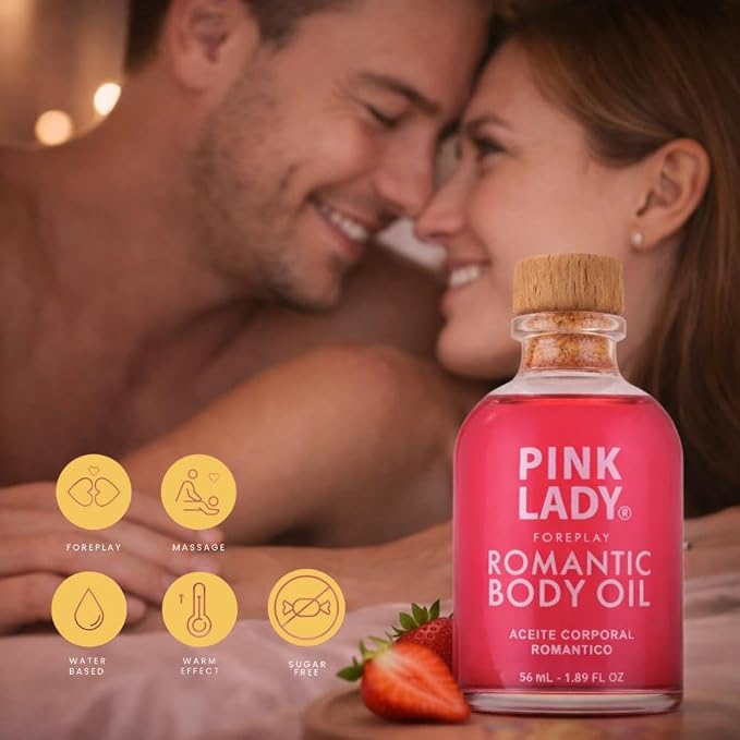 Romantic Body Oil Strawberry and Champagne - 1.90 fl oz / 56 ml - Kissable Warming Body Treat for Foreplay Fun, Water Based