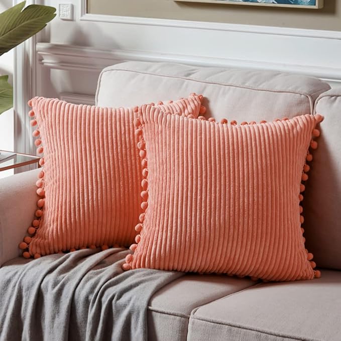 Fancy Homi 24x24 Pillow Covers, Pack of 2 Coral Throw Pillow Covers with Pom-poms, Super Soft Corduroy Square Solid Cushion Cover for Couch Sofa Bedroom Living Room 60x60 cm