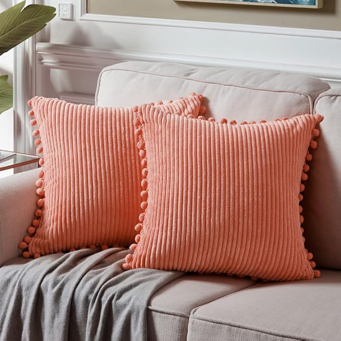 Fancy Homi Pack of 2 Coral Decorative Throw Pillow Covers 16x16 Inch with Pom-poms for Living Room Couch Bedroom, Soft Corduroy Peach Solid Square Cushion Case 40x40 cm, Rustic Farmhouse Home Decor