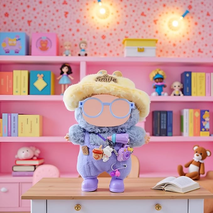 Doll Clothes Outfit and Accessories Suitable for 17cm Dolls, 5 Piece Set Romper Hat Camera Backpack Glasses Shoes (No Doll) Purple