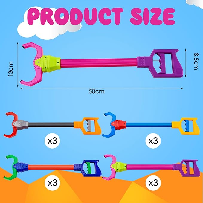 Lewtemi 12 Pcs Interactive Grabber Toy for Kids Claw Robot Arm Pack Reacher Pickup Tool for Boys Girls Children Fun Early Learning and Hand Eye Coordination Play, 18 Inch (Mixed Color)