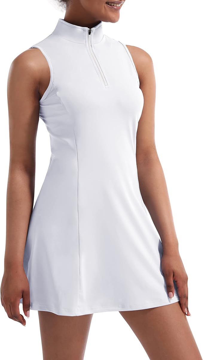 Tennis Dress for Women, Golf Dress with Shorts and Pockets Athletic Dress | Sleeveless Collared Half-Zipper Workout Sport Dress, Stretch Moisture Wicking Fabric, Tennis Golf Outfits
