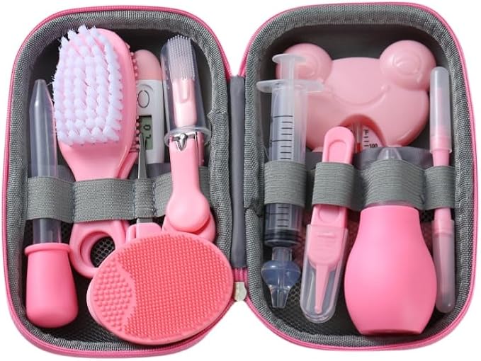 PandaEar Baby Healthcare and Grooming Kit, 13-in-1 Pink: Baby Comb, Brush, Finger Toothbrush, Nail Clippers, Scissors, Nasal Aspirator, Baby Essentials Nursery Care Kit
