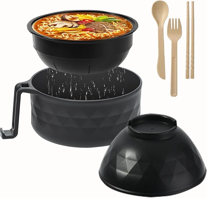 OZY Microwave Ramen Bowl，Ramen Noodle Cooker with Spoon Chopsticks Fork，Ramen Cooker with Handles，College Dorm Room Essentials，BPA-Free (Black)