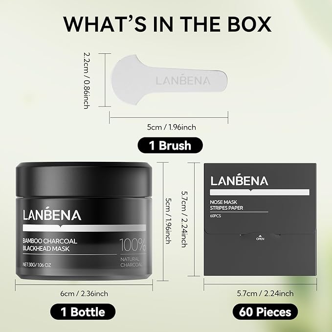 LANBENA Bamboo Charcoal Blackhead Mask Nose Pore Strips, Deep Cleansing Peel off Mask & 60Pcs Nose Strips Paper