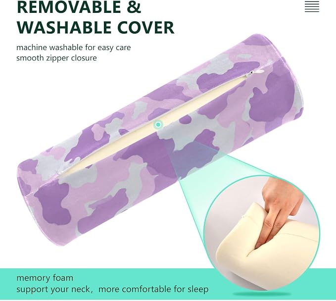 Purple Cow Print Neck Roll Pillow Bolster Round Health Memory Foam Long Cervical Cylinder Pillows with Removable Washable Cover for Body Bed Legs Back Yoga