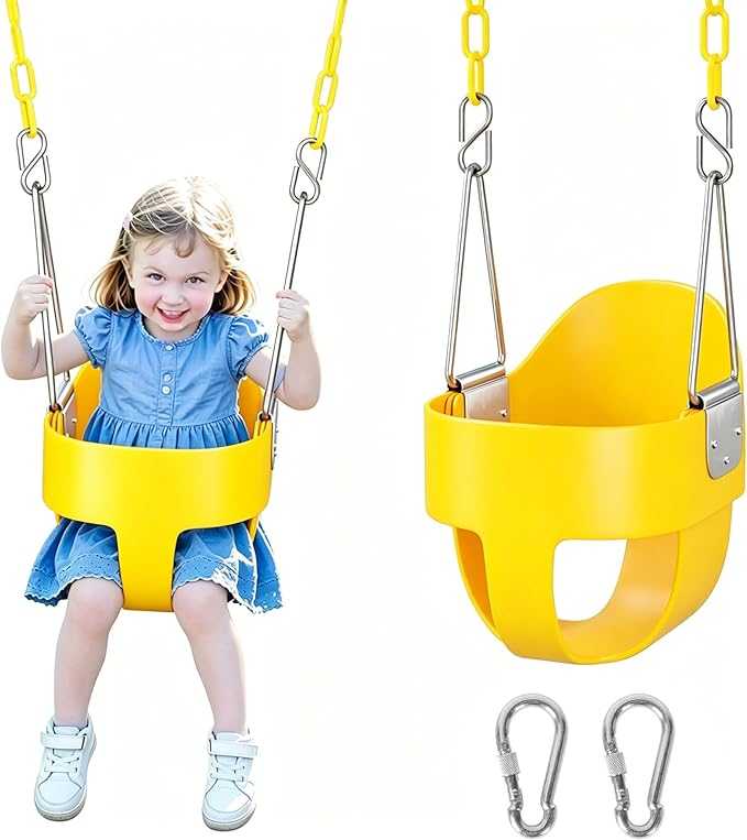 DECORLIFE Toddler Swing - High Back Full Bucket Seat for Ages 1-3, 330lb Capacity, Baby Infant Swing Outdoor with Safety Design, Plastic-Coated Chains, Carabiners for Backyard, Garden-Yellow
