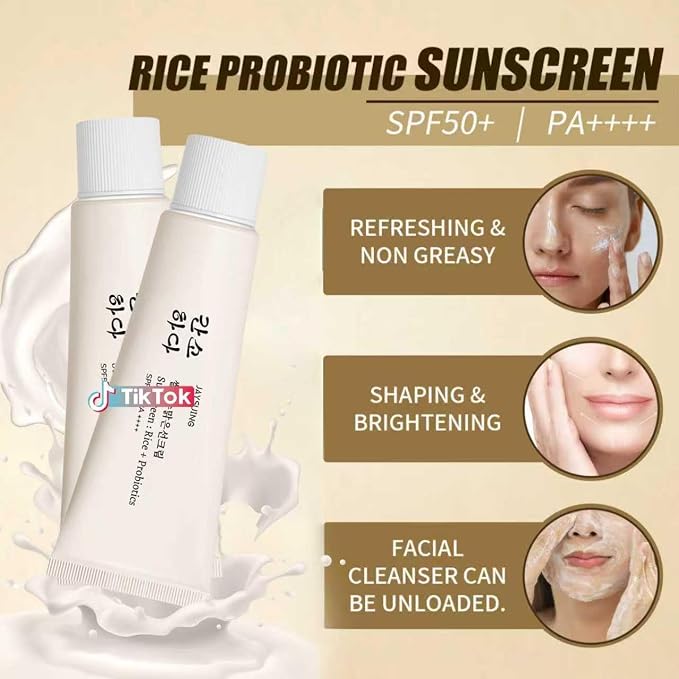 2 Pcs Relief Organic Sunscreen SPF50, Rice and Probiotics PA++++ Korean Cream for All Skin Types, Nourishing Skin Protection and UV Defens.