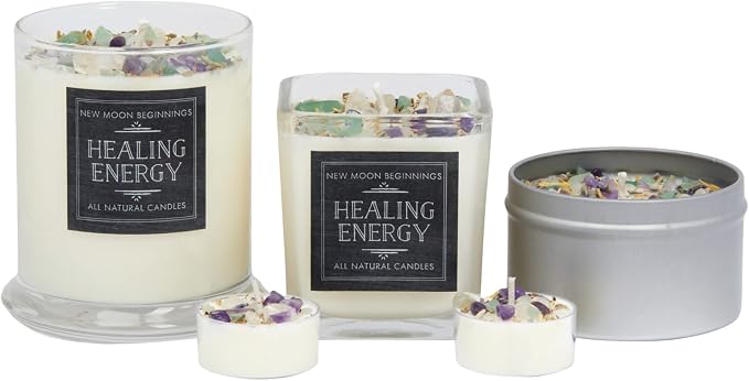 New Moon Beginnings Healing Energy Candle - Negative Energy Cleansing - Soy Aromatherapy - Handmade with Crystals & Herbs - Set of 6 Tealights