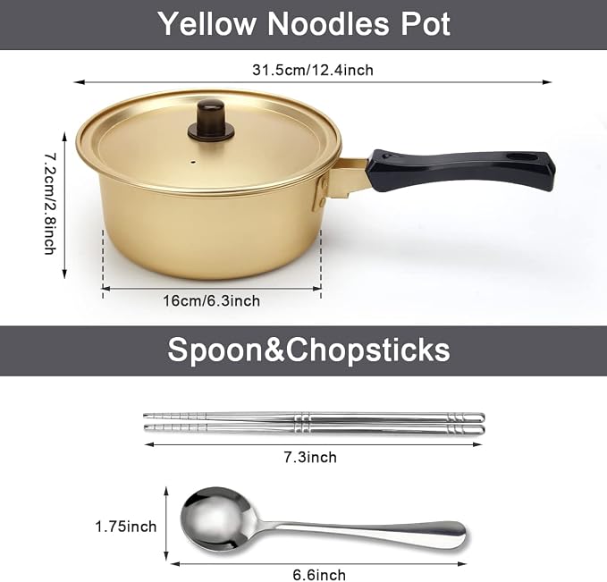 AHIER Korean Ramen Cooking Pot, Korean Ramen Noodle Pot with Lid, Spoon | Chopsticks (1pair), Single Handle, Fast Heating Stovetop for Kitchen Cookware Dorm and Camping