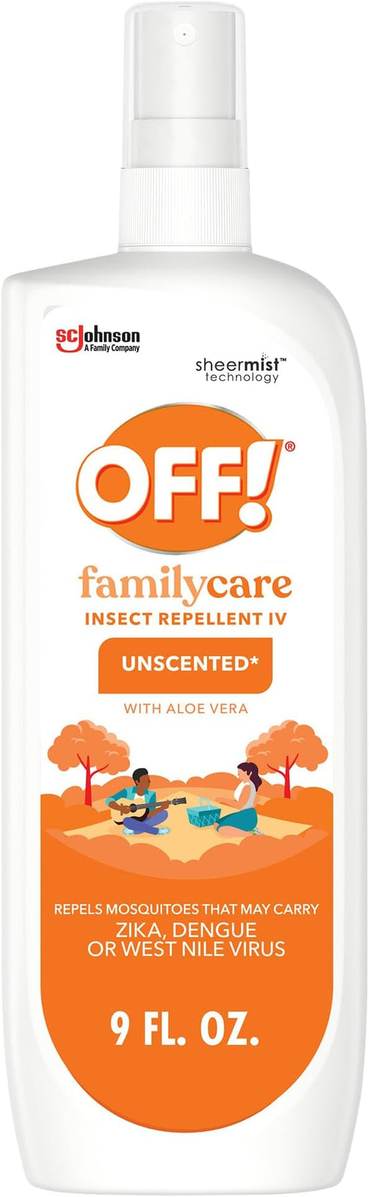 OFF! Family Care Mosquito & Tick Repellent Spritz, Bug Spray Containing 7% DEET, Unscented with Aloe Vera, 9 Oz
