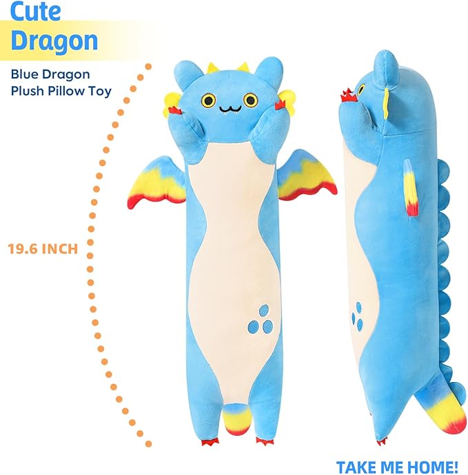 PEACH CAT Long Dragon Cat Plush Pillow Cute Dragon Cat Stuffed Animal for Boys and Girls Blue 19.6"