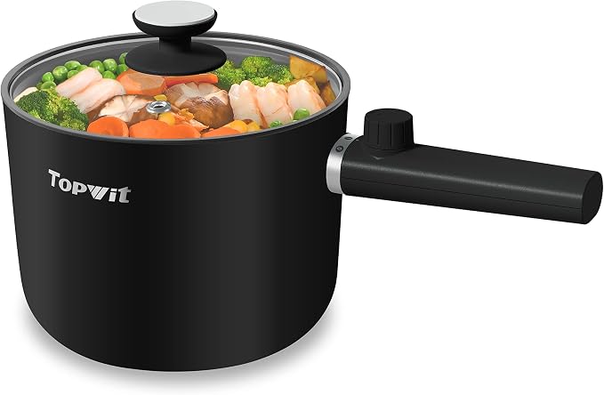 Topwit 1.5L Hot Pot Electric, Portable Ramen Cooker, Non-Stick Frying Pan | BPA-free, Glass Lid, Overheat & Boil-dry Protection, Electric Pot for Pasta, Steak, College Dorm Office Travel Essentials