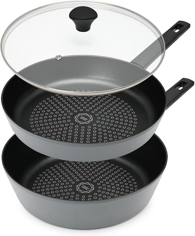 Nonstick B 11 Inch Frying Pan Skillet set with lid, Deep Frying Pan with Diamond Coating Cool Touch Handle, Scratch Resistant Coated, Gas& Electric