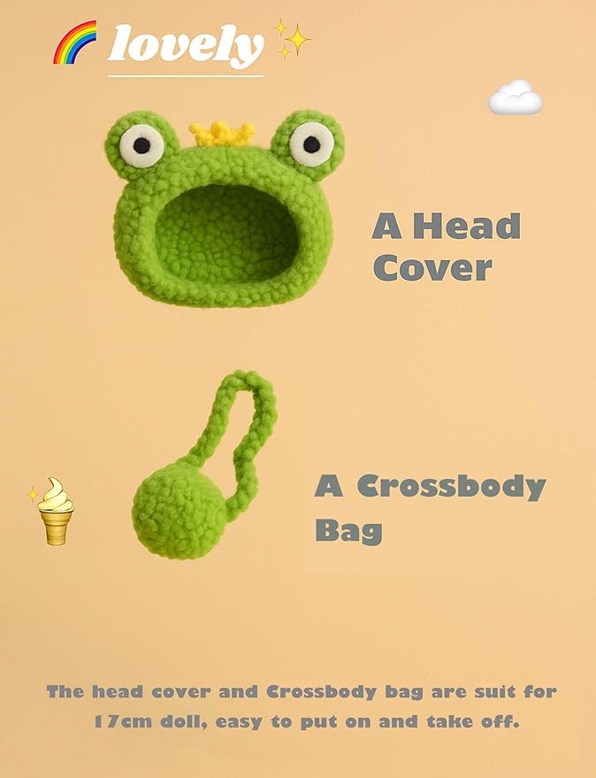 17cm Doll Clothes Outfit (No Doll), Stylish Cute Plush Doll Clothes with Designer Accessories, Clothes for 17cm Dolls, Green Frog Style