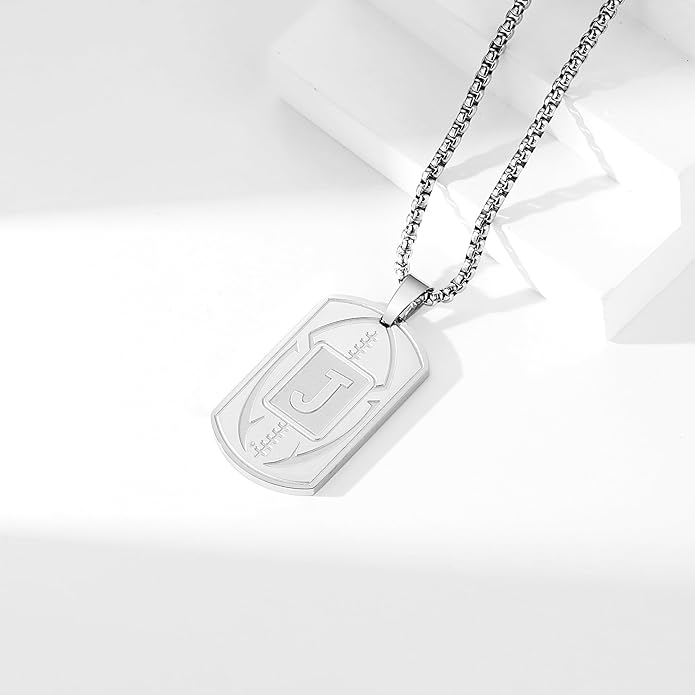Initial A-Z Dog Tag Necklace for Men - Football Charm Pendant, Stainless Steel Chain 22+2 Inches, Personalized Sports Athletes Jewelry Gift