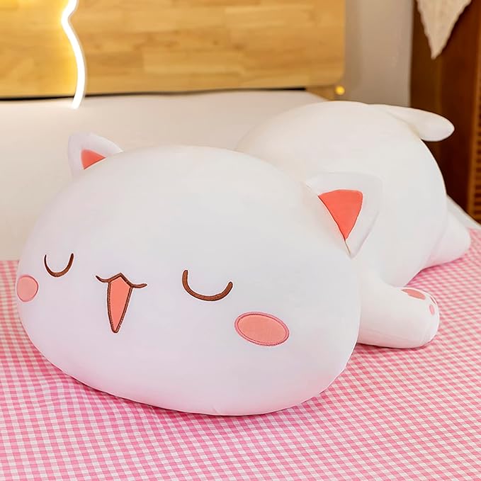 FUYU Cat Stuffed Animals, Soft Cat Plush Pillow Kawaii Kitten Stuffed Animal Toy Gifts for Kids Boys Girls Room Decor (White Squinted Eyes,15in/37cm)