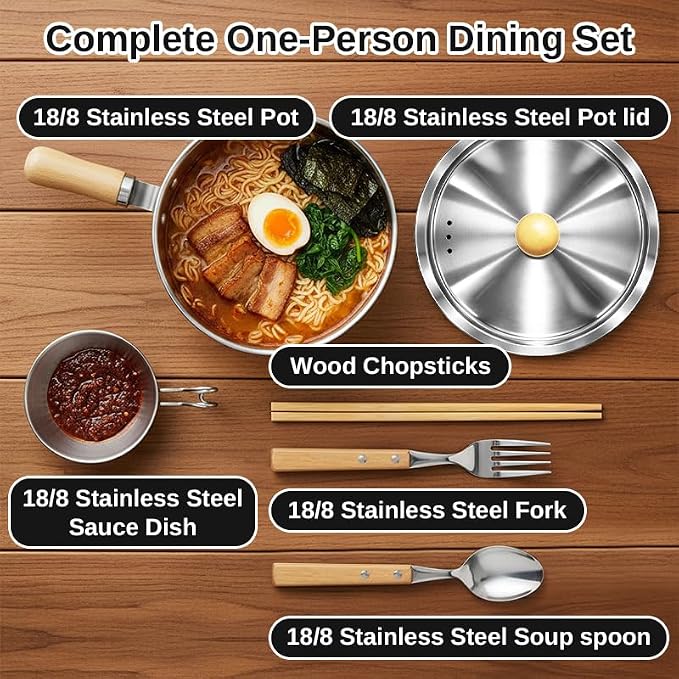 Korean Ramen Pot Set, 18/8 Stainless Steel Ramen Cooking Pot with Stainless Steel Lid, Coating-Free One-Person Dining Set, Wooden Handle Bowl, Fork Spoon Chopsticks&Sauce Dish, Safe for Gas Stove