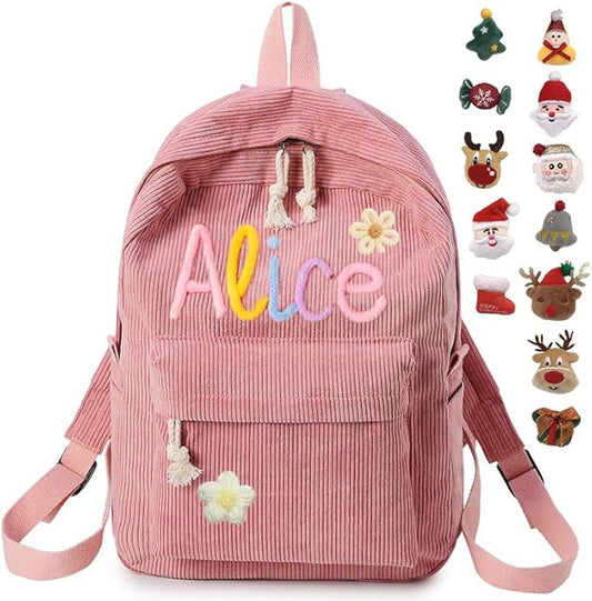 Personalized Backpack for Girls/Boys, Custom Corduroy School Bag with Cotton Rope Embroidery Name, Back to School Bag Gifts for Kids, Children Birthday/Christmas Gift