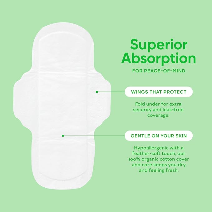 Oi | Organic Initiative - Ultra-Thin Pads with Wings | 100% Certified Organic Cotton, Unscented | Leak Free, Biodegradable | Non-GMO, Toxin Free (Regular/Super, 20, Count)