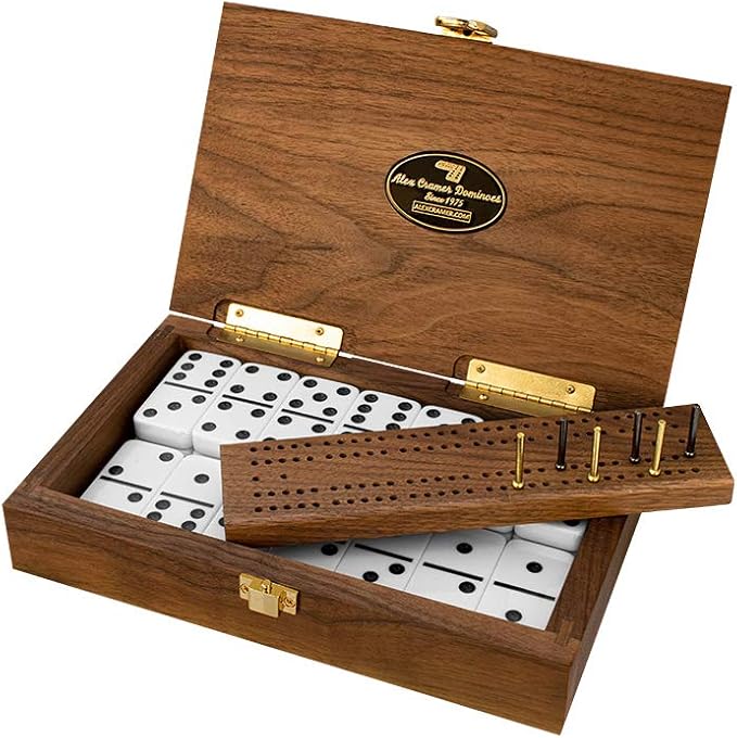 Alex Cramer Cabin Club Classic Domino Set with Black Walnut Case - Premium Quality 28 Indestructible Double-Six Dominoes (Domino Set with Personalized Brass Plate)