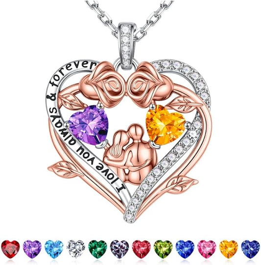 Iefil Valentines Gifts for Her Wife - 925 Sterling Silver Double Heart Birthstone Necklace, Anniversary Birthday Gifts for Women Wife Girlfriend