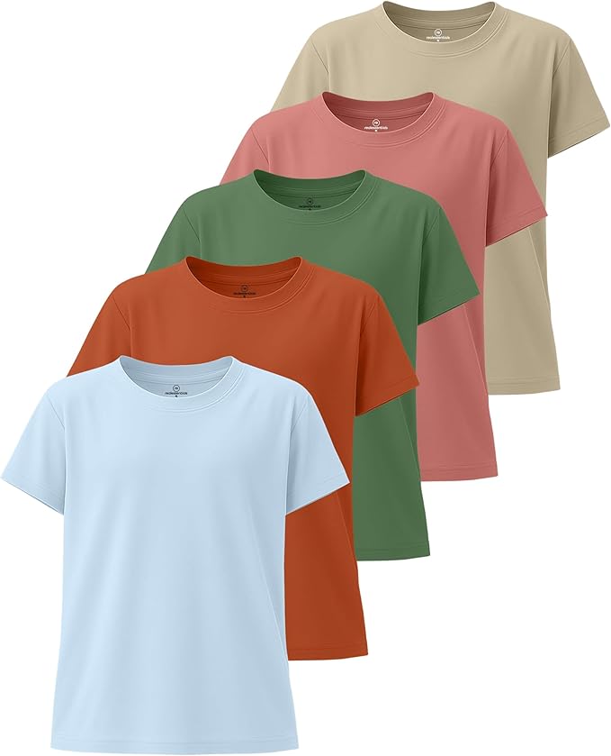 Real Essentials 5 Pack: Girls' Short Sleeve Dry-Fit Athletic T-Shirt - Active Gym Crew Neck Tops for Teens Kids (Ages 4-16)